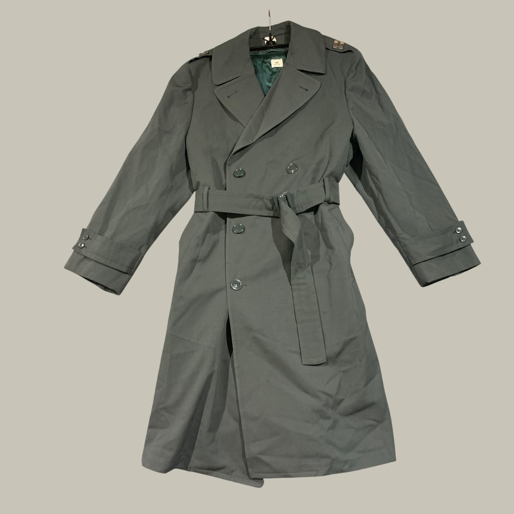 Military Surplus Trench Coat Men 38R Olive Green Wool Liner Belted Vintage